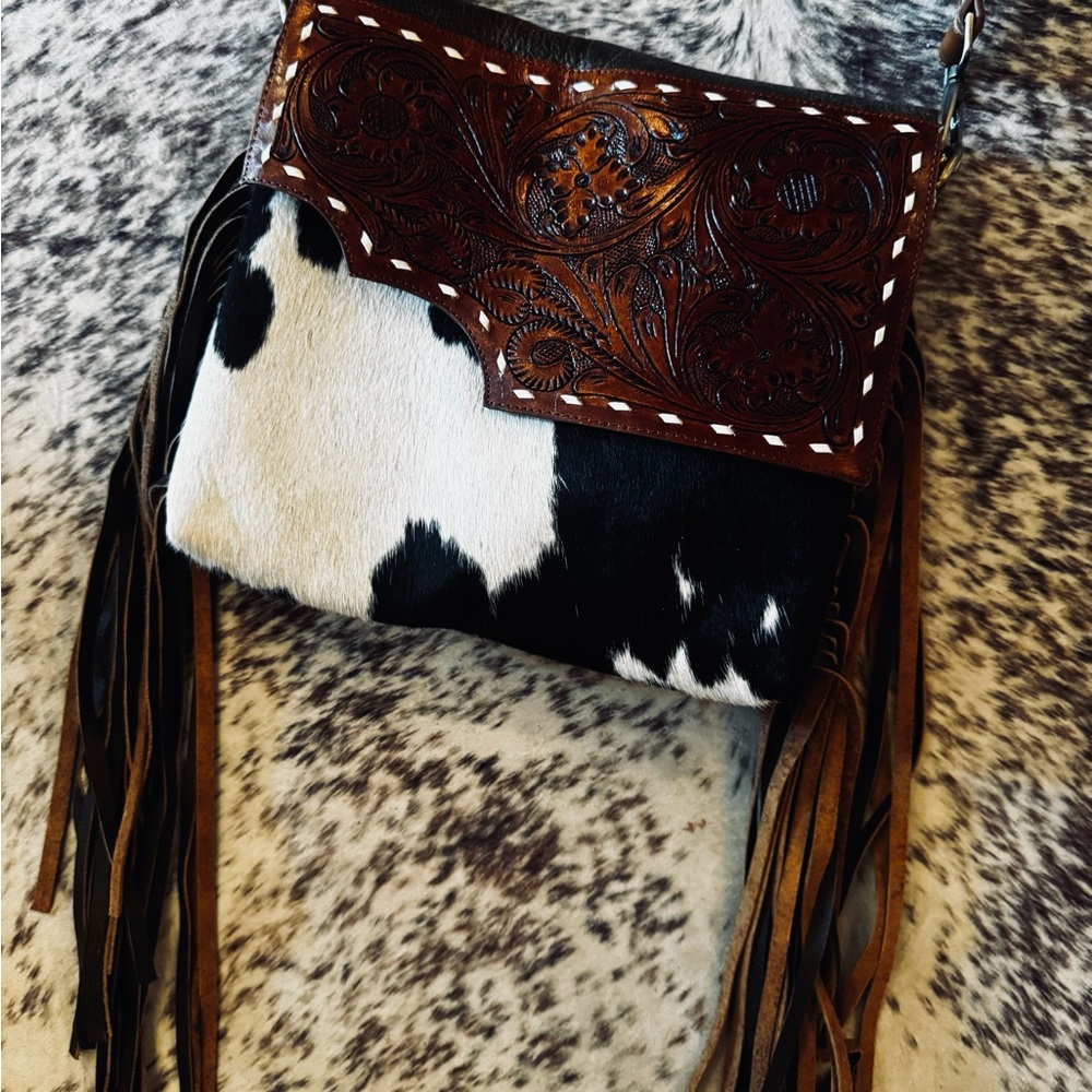 Cowhide and Leather Fringe Bag